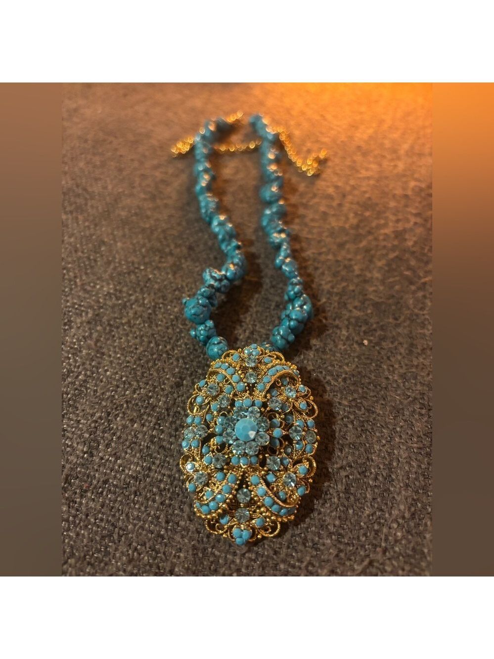 💙 RARE 1928 Designer Turquoise Blue Stone Statement Necklace • Crystal Medallion - Picture 13 of 14